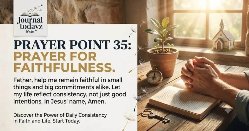 Prayer Point 35: Prayer For Faithfulness
Father, help me remain faithful in small things and big commitments alike. Let my life reflect consistency, not just good intentions. In Jesus' name, Amen.